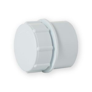 White Aquaflow 32mm solvent-weld access plug showing ribbed removable cap