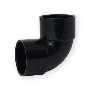 Black Aquaflow 32mm 90-degree solvent-weld knuckle bend showing both socket openings