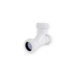 White three-way compression pipe tee with ribbed union nuts and dark inlet seal