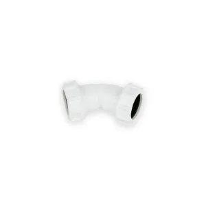 White swept pipe bend with ribbed compression union collars and dark socket openings