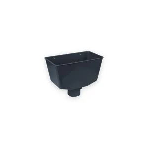Aquaflow black rainwater hopper with open rectangular bowl and round lower outlet