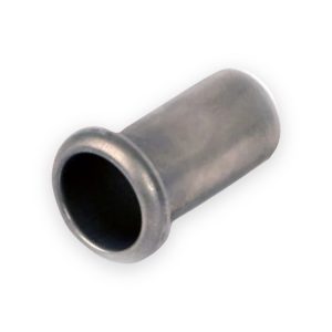 Steel pipe insert with open bore and flanged rim, shown at an angle