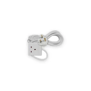 White single socket extension lead with coiled cable and UK three-pin plug