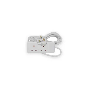 White two-socket extension lead with coiled cable and UK three-pin plug