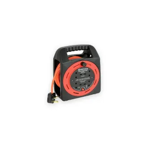 Black and red four-socket15m cable reel with orange cable and UK plug