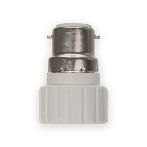 B22 to GU10 lamp socket converter with metal bayonet cap, two side pins and white ribbed socket body