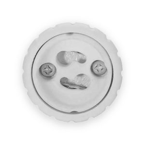 GU10 socket face of B22 to GU10 lamp converter showing two contact recesses and screws