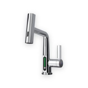 Basin Faucet with Waterfall Pull Out Sprayer and LED Temperature Display Silver Chrome