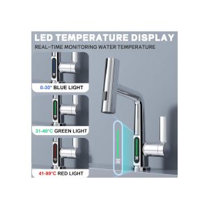 Basin Faucet with Waterfall Pull Out Sprayer and LED Temperature Display Silver Chrome