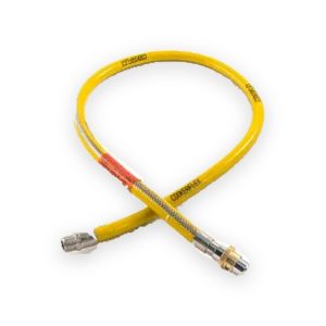 Yellow GFS cooker hose loop with red safety label, original printed markings and two metal end fittings