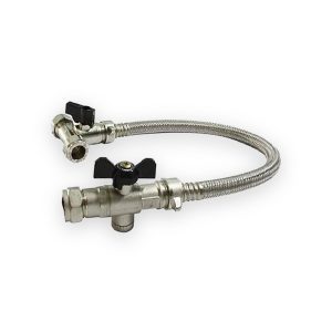 BFCLT combi filling loop with braided steel hose, tee fitting and two black valve controls