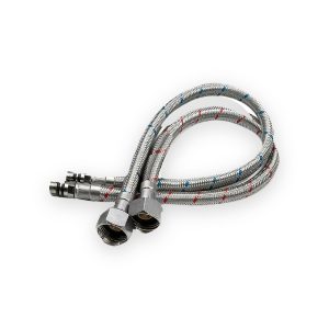 Pair of stainless steel braided flexible tap tails with red and blue markers, small threaded ends and open hexagonal coupling nuts