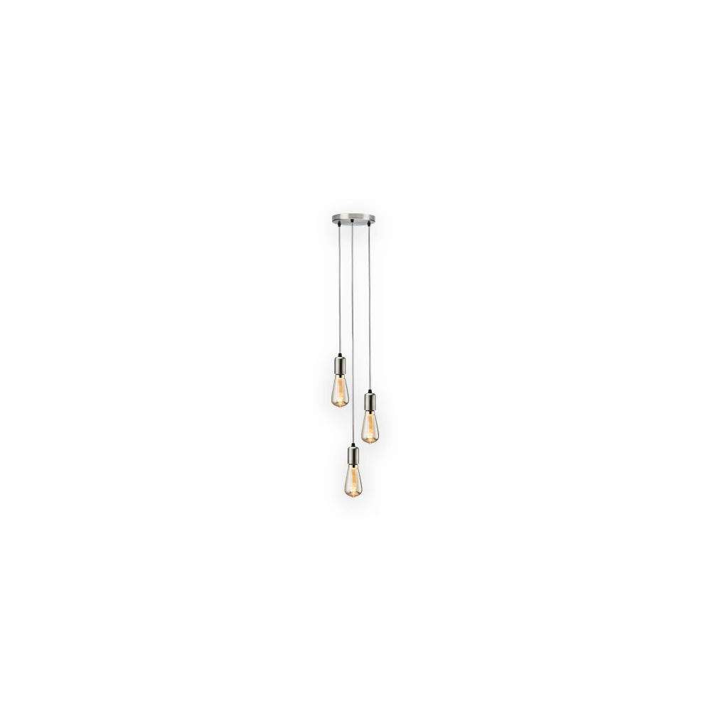 CALLA - 230V E27 Contemporary 3 Light Pendant - Brushed Chrome with three suspended amber filament bulbs CALLA - 230V E27 Contemporary 3 Light Pendant - Brushed Chrome with three suspended amber filament bulbs