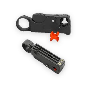 Coaxial cable stripping tool shown from both sides with finger ring, cutting jaws and orange cable-size insert