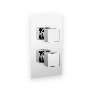 Concealed shower valve with two square chrome controls on a rectangular backplate and H/C temperature markings