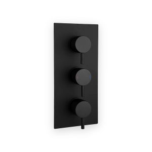 Concealed Thermostatic Shower Mixer Valve With Diverter, Round Style Tap, Triple Outlet With 3 Handles, Matt Black