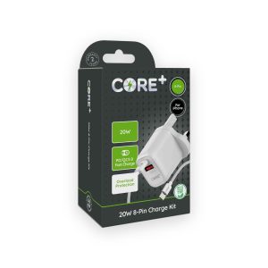 CORE+ 20W 8-Pin charge kit retail package showing wall charger and cable