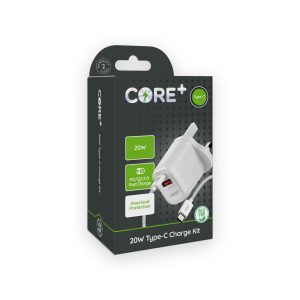 CORE+ 20W Type-C charge kit retail package showing wall charger and cable