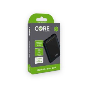 Core essentials 5000mAh Type-A power bank retail box showing a black power bank and 18.5W marking