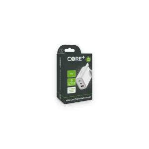 CORE+65W GaN Triple Wall Charger retail box with two USB-C and one USB-A ports