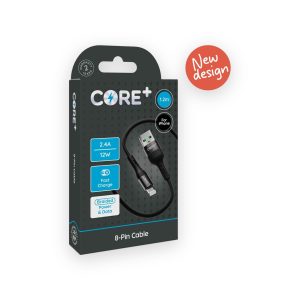CORE+ 8-Pin 1.2m braided black 2.4A 12W cable retail package with new design badge
