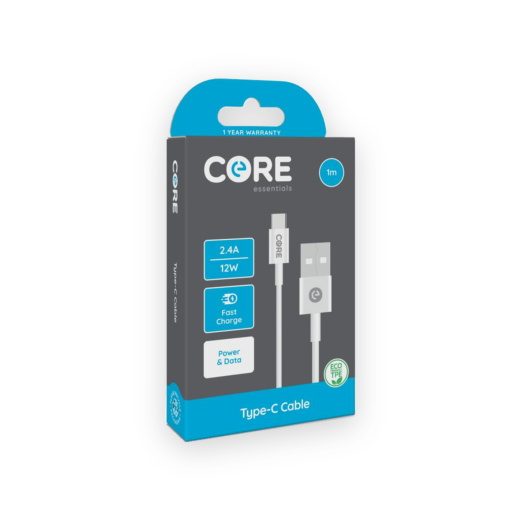core-95910666-type-c-cable-1m-white-gallery-01 Core white 1m Type-C cable retail box marked 2.4A and 12W