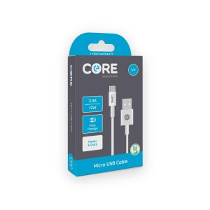 Core white 1m Micro USB cable retail box marked 2.4A and 12W