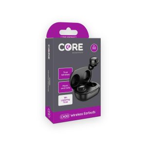 Core C400 black wireless earbuds and charging case shown on retail box