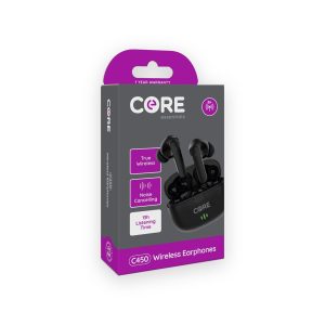 Core C450 black wireless earphones and charging case shown on retail box