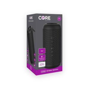 Core essentials CS150 10W wireless speaker retail box showing a black cylindrical speaker