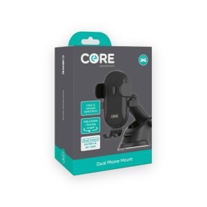 Core essentials dual phone mount retail box showing suction and air vent mounting options