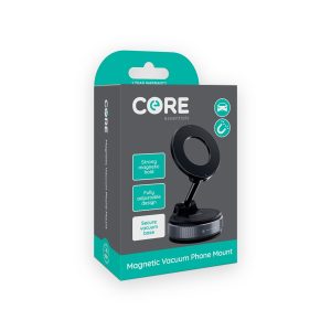 Core essentials magnetic vacuum phone mount retail box showing a black adjustable phone holder with suction base