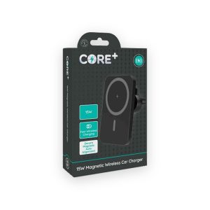 Core Plus 15W magnetic wireless car charger shown on its retail box