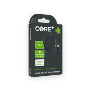 Core Plus 15W magnetic wireless charger retail box showing a black charging pad with Type-C cable