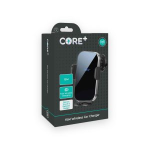 Core Plus 15W wireless car charger with side grips shown on its retail box