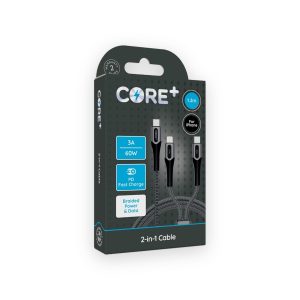 Core Plus black braided 1.2m two-in-one cable retail box marked 3A and 60W with Type-C and 8-pin connectors