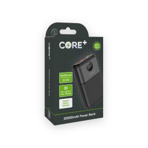 Core Plus 20000mAh PD power bank retail box marked 22.5W showing a black power bank with digital display