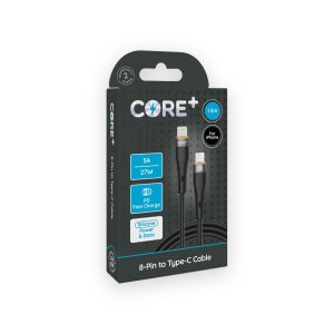 Core Plus black 1.5m 8-pin to Type-C cable retail box marked 3A and 27W