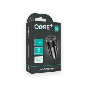 Core Plus 20W Type-C and Type-A dual car charger shown on its retail box