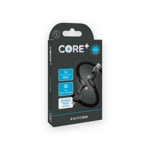 Core Plus black woven 1.2m four-in-one cable retail box marked 3A and 60W PD fast charge