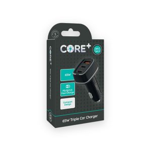 Core Plus 65W triple car charger with two Type-C ports and one Type-A port shown on retail box