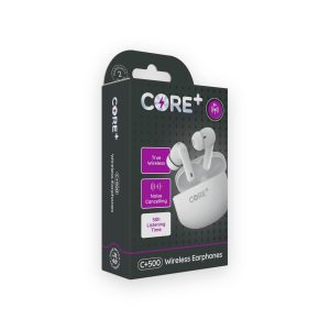 Core Plus C+500 white wireless earphones and charging case shown on retail box