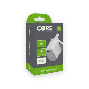 CORE essentials Type-C 20W PD wall charger retail package with green hanging tab