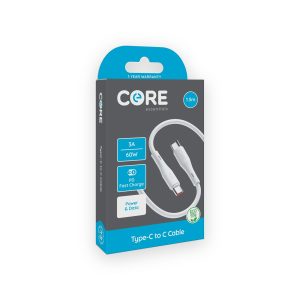 Core essentials white 1.5m Type-C to Type-C cable retail box marked 3A and 60W PD fast charge