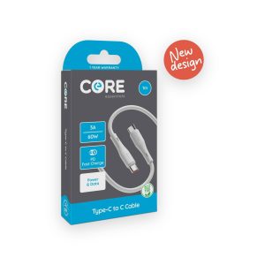 CORE essentials Type-C to C 1m 3A 60W cable retail package with new design badge