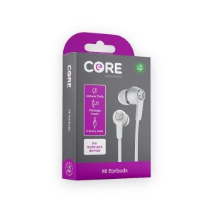 Core essentials X6 white 3.5mm jack earphones shown on purple and grey retail packaging