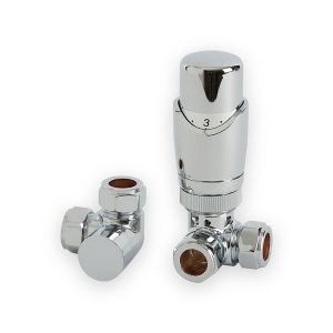 Chrome corner thermostatic radiator valve and matching lockshield valve