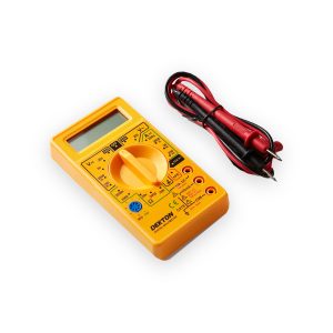 Dekton yellow digital multimeter with rotary selector, display and bundled red and black test leads with metal probe tips