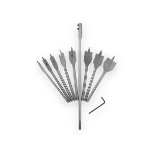 Flat wood drill bit set arranged in a fan with extension shaft and hex key