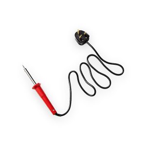 Red-handled soldering iron with metal shaft and pointed tip, black power cable and three-pin UK plug